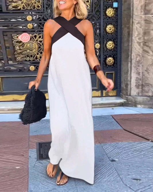 Cross Halter Neck Sleeveless Stitching Dress
